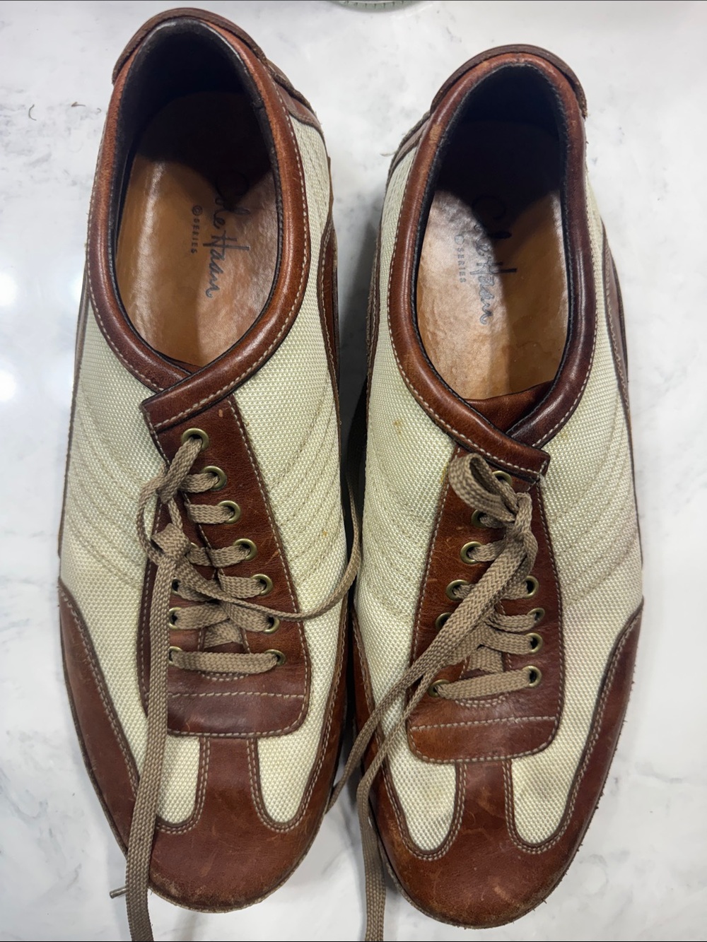 Cole Haan Cream Canvas and Brown Leather Lace-Up Sneakers